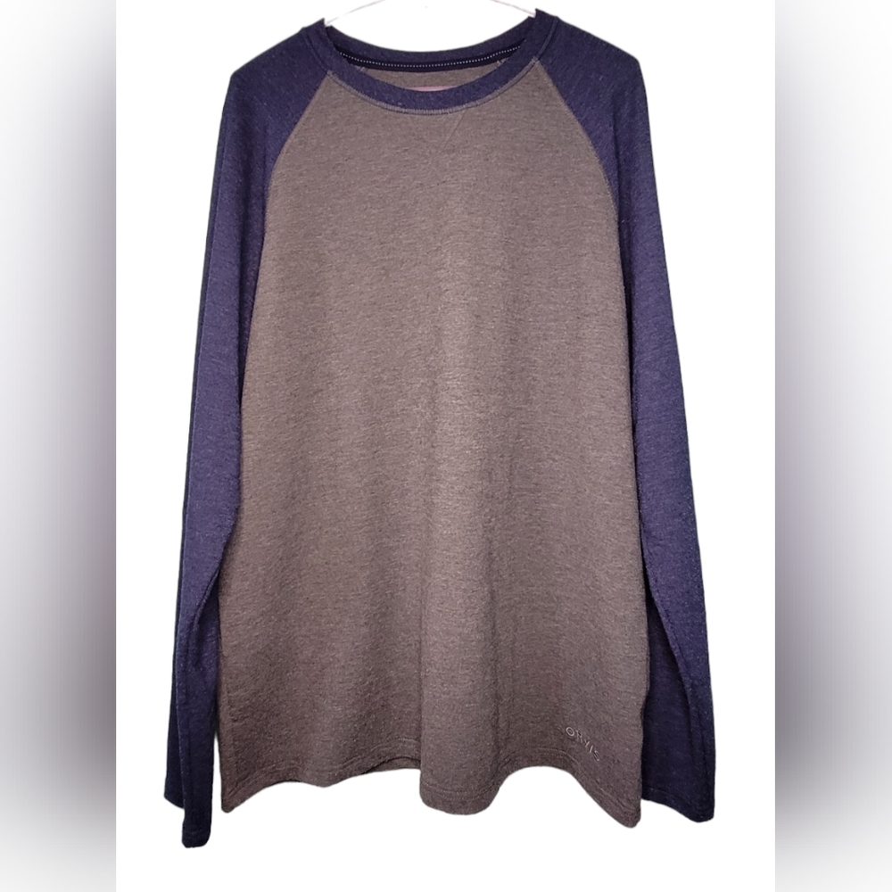 Orvis Men's L Gray Blue Color Block Raglan Stretch Long Sleeve Tee Shirt